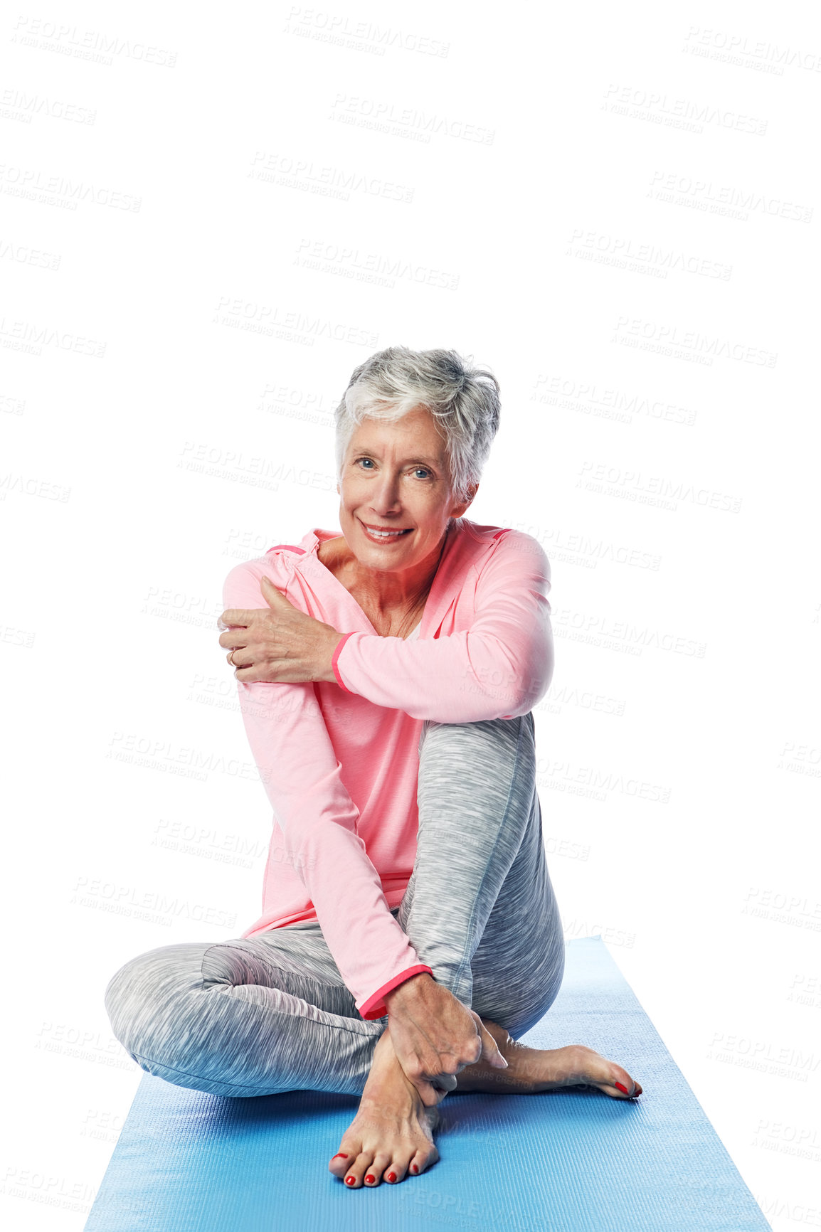 Buy stock photo Senior woman, yoga and portrait in studio isolated on a white background. Zen chakra, pilates fitness and retired female from Canada sitting on training or stretching break for health or wellness.