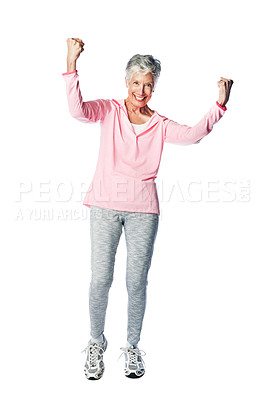 Buy stock photo Senior woman, fitness celebration and winner portrait with hands emoji for health in studio. Wellness of strong old female isolated on a white background for exercise, energy and healthy lifestyle