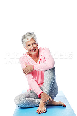 Buy stock photo Senior, yoga and portrait of woman in studio isolated on a white background. Zen chakra, pilates fitness and retired happy female from Canada sitting on mat after training and stretching for wellness