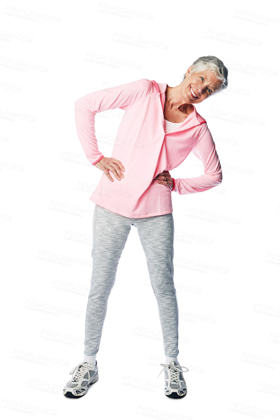 Buy stock photo Exercise, fitness and senior woman portrait while stretching for health and wellness in studio. Body of happy and healthy female isolated on a white background for motivation and energy in retirement