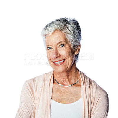 Buy stock photo Natural, senior and portrait of woman in studio with cheerful, optimistic and joyful smile of people. Wellness, happiness and mature retirement person with skincare on isolated white background.

