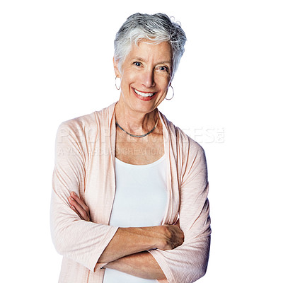 Buy stock photo Senior woman, studio portrait and arms crossed with smile, happiness and focus by white background. Isolated old woman, elderly retirement and beauty with fashion, style and clothes with confidence
