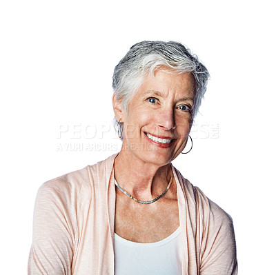 Buy stock photo Happy, elderly and portrait of woman in studio with cheerful, optimistic and joyful smile of people. Wellness, happiness and senior retirement person with skincare on isolated white background.

