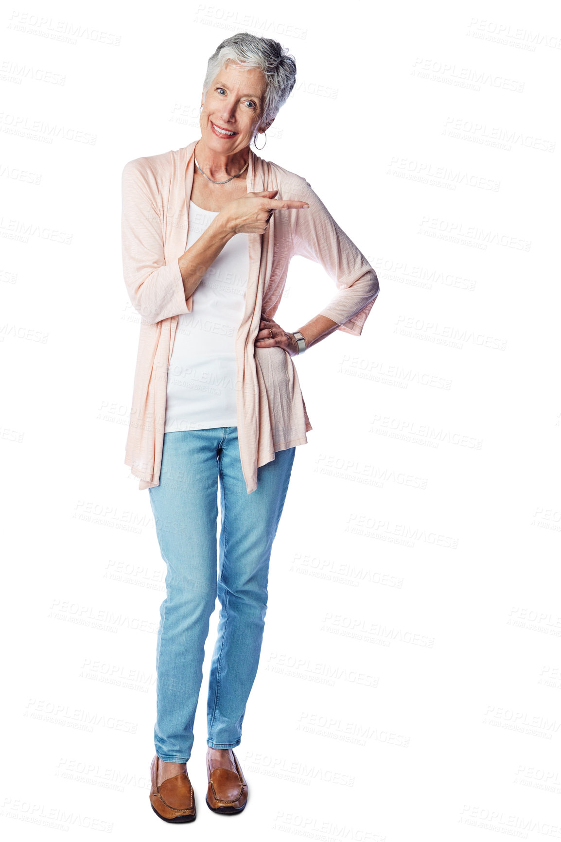 Buy stock photo Senior woman, happy portrait and pointing finger, standing isolated in white background for advertising or marketing mockup. Elderly female, smile and point finger for branding or product placement