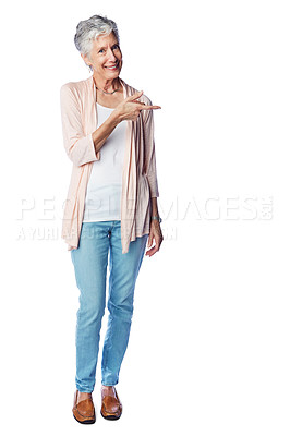 Buy stock photo Mock up, portrait and elderly woman point at sales promo, present gift or discount deal mockup. Studio advertising smile, marketing product placement or mature model face isolated on white background