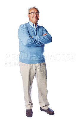 Buy stock photo Portrait, thinking and senior man in studio, relax and proud while enjoying retirement on white background. Confident, relaxed and retirement elderly man posing,  satisfied and content while isolated