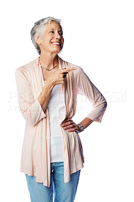 Buy stock photo Studio, mockup and senior woman point at marketing sales promotion, discount deal or advertising mock up. Pointing gesture, gift product placement and happy mature model isolated on white background