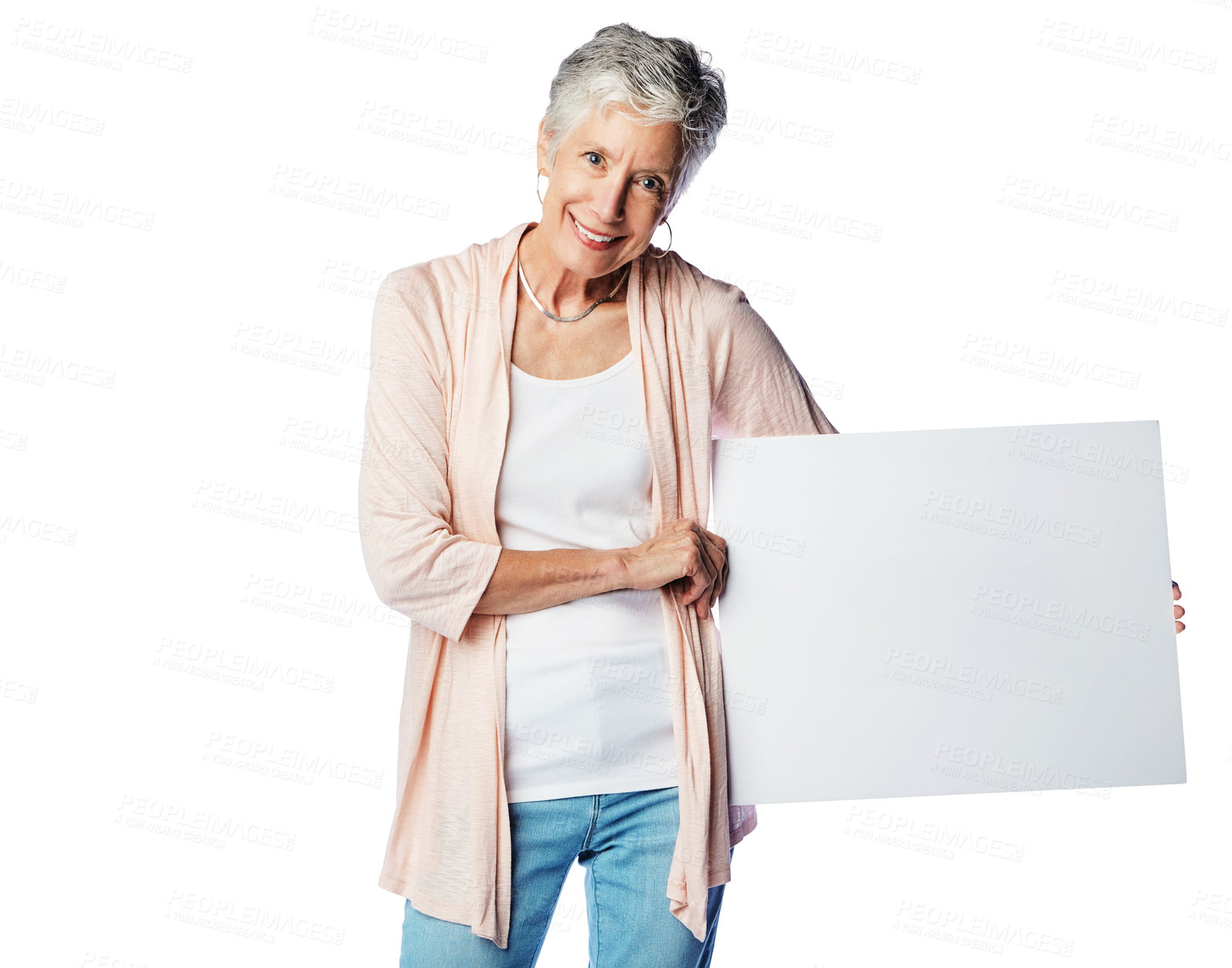 Buy stock photo Studio placard, portrait mockup and old woman with marketing poster, advertising banner or product placement. Mock up, billboard promotion sign and happy sales model isolated on white background
