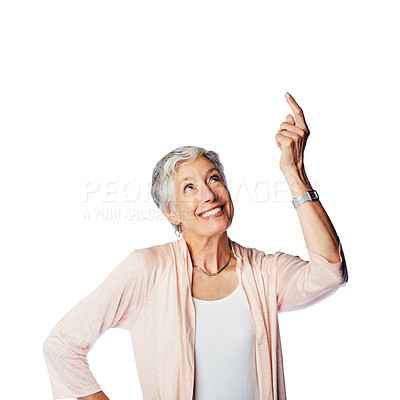 Buy stock photo Studio mock up, senior and old woman point at sales promotion, luxury present gift or discount deal mockup. Advertising space, marketing product placement or model isolated on white background