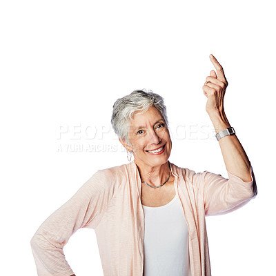 Buy stock photo Portrait mock up, senior and old woman point at sales promo, luxury present gift or discount deal mockup. Studio advertising space, marketing product placement and model isolated on white background