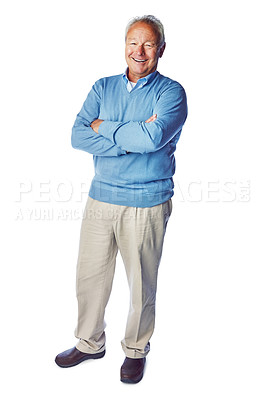 Buy stock photo Senior man, happy with smile and retirement, life insurance and portrait with mockup isolated on white background. Pensioner, happy old man and positive mindset with vitality, elderly and wellness