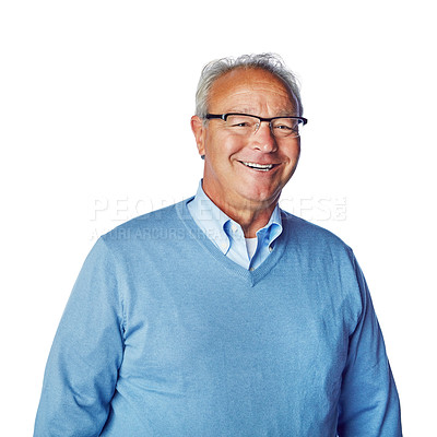 Buy stock photo Portrait, casual and senior man in studio, happy and smile, joy and relax against white background. Content, normal and face and elderly male enjoying retirement, natural and laughing while isolated