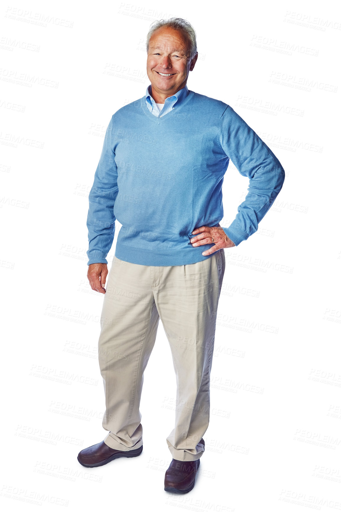 Buy stock photo Happy old man, portrait and retirement with success, life insurance mockup isolated on white background. Pensioner, senior male and positive mindset with vitality, elderly and wellness in studio