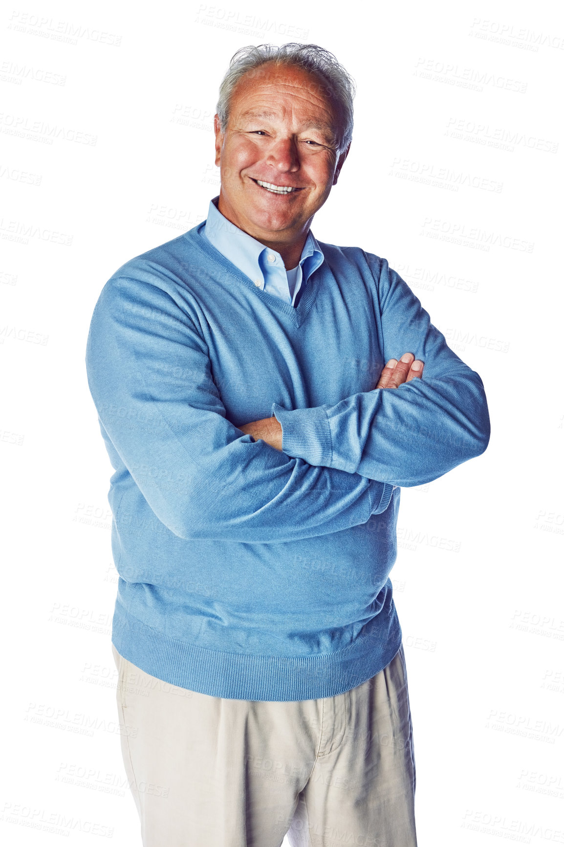 Buy stock photo Person, happy and portrait of senior man in studio, proud and relax while enjoying retirement on white background. Confident, relaxed and elderly man with retired lifestyle, content and isolated