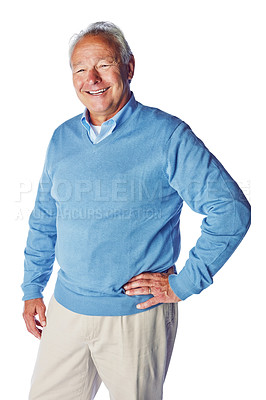 Buy stock photo Happy, content and portrait of a senior man with a smile isolated on a white background in studio. Happiness, confident and retired elderly model with a pose in retirement on a studio background