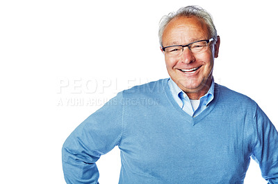 Buy stock photo Elderly man, portrait and happy in retirement with success and lifestyle with smile isolated on white background. Pension, grandfather mockup with old man health and wellness, happiness with freedom