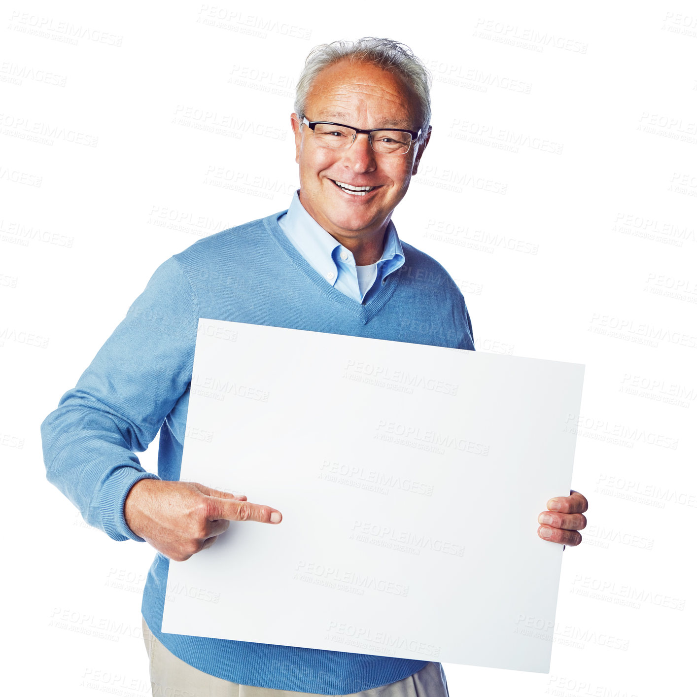 Buy stock photo Poster mockup, portrait or old man point at marketing placard, advertising banner or product placement. Studio mock up, billboard promotion sign or happy sales model isolated on white background