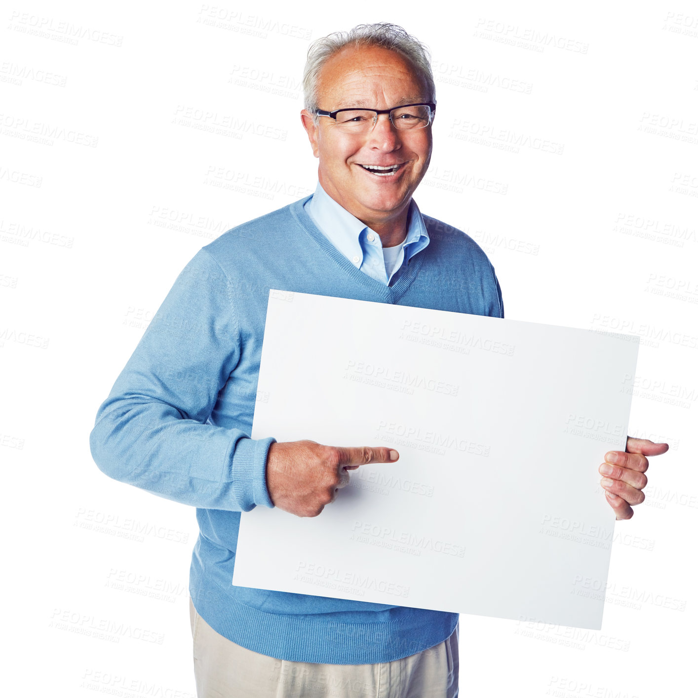 Buy stock photo Mockup portrait, poster or old man pointing at marketing placard, advertising banner or product placement. Studio mock up, billboard promotion sign or happy sales model isolated on white background