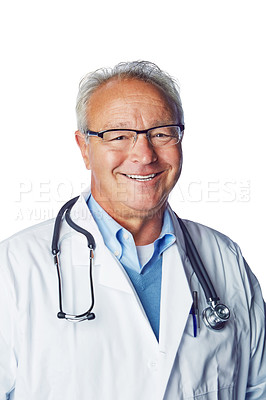 Buy stock photo Healthcare, doctor and portrait of senior man in studio for medical, goals and white background space. Face, health and mature expert happy, smile and excited about innovation and help while isolated