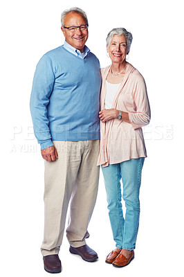 Buy stock photo Happy couple, senior with marriage and retirement together in portrait with commitment in relationship isolated on white background. Happiness with old man, elderly woman and life partnership