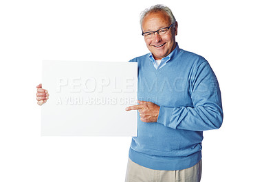 Buy stock photo Poster mockup, portrait or elderly man point at marketing placard, advertising banner or product placement. Studio mock up, billboard promotion sign or happy sales model isolated on white background