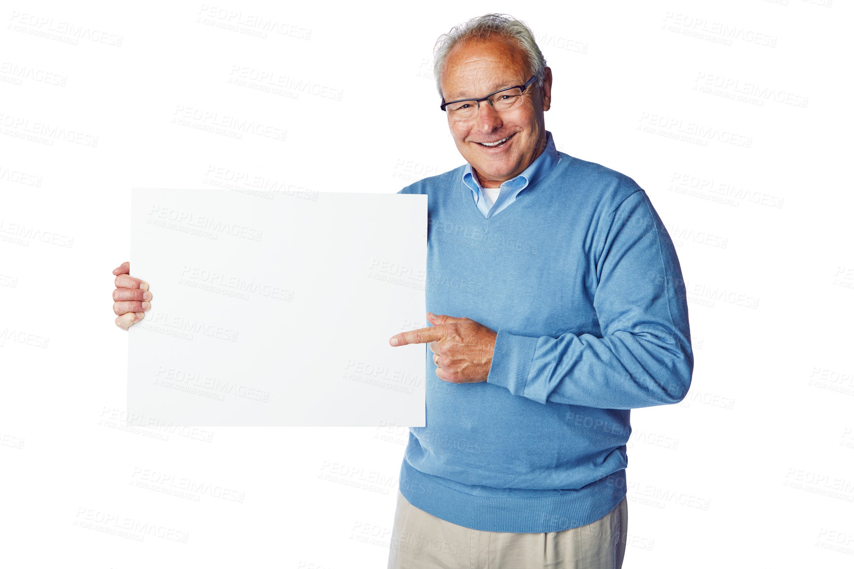 Buy stock photo Poster mockup, portrait or elderly man point at marketing placard, advertising banner or product placement. Studio mock up, billboard promotion sign or happy sales model isolated on white background