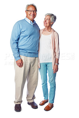 Buy stock photo Senior couple, marriage and retirement together in portrait with commitment in relationship isolated on white background. Happiness with old man, old woman and life partnership with elderly wellness