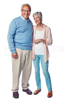 Buy stock photo Senior couple smile in portrait, marriage and retirement together, relationship commitment isolated on white background. Happiness with old man, old woman and life partnership with elderly wellness
