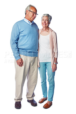 Buy stock photo Mature couple, marriage and retirement together in portrait with commitment in relationship isolated on white background. Happiness with old people and life partnership with wellness for the elderly