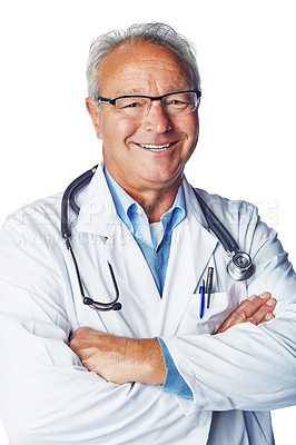 Buy stock photo Doctor, portrait and senior man in studio for healthcare, goals and proud on white background space. Face, health and mature expert happy, smile and excited about innovation and help while isolated