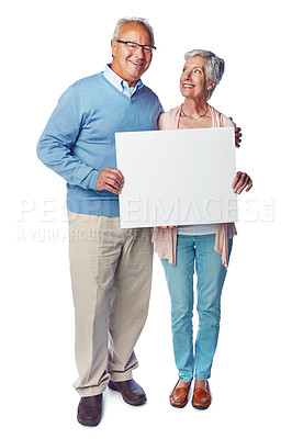 Buy stock photo Mock up poster portrait, elderly and couple with marketing placard, advertising banner or product placement. Studio mockup, billboard promotion sign or happy sales people isolated on white background
