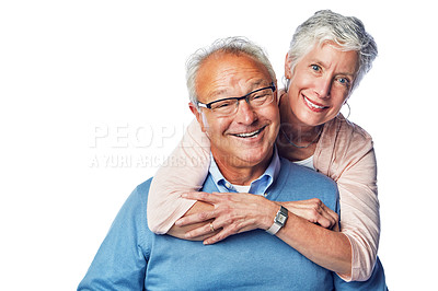 Buy stock photo Portrait, love and senior couple hug in studio, smile and happy together against white background. Relax, face and elderly man with woman embrace, holding and enjoy retirement, bond and isolated