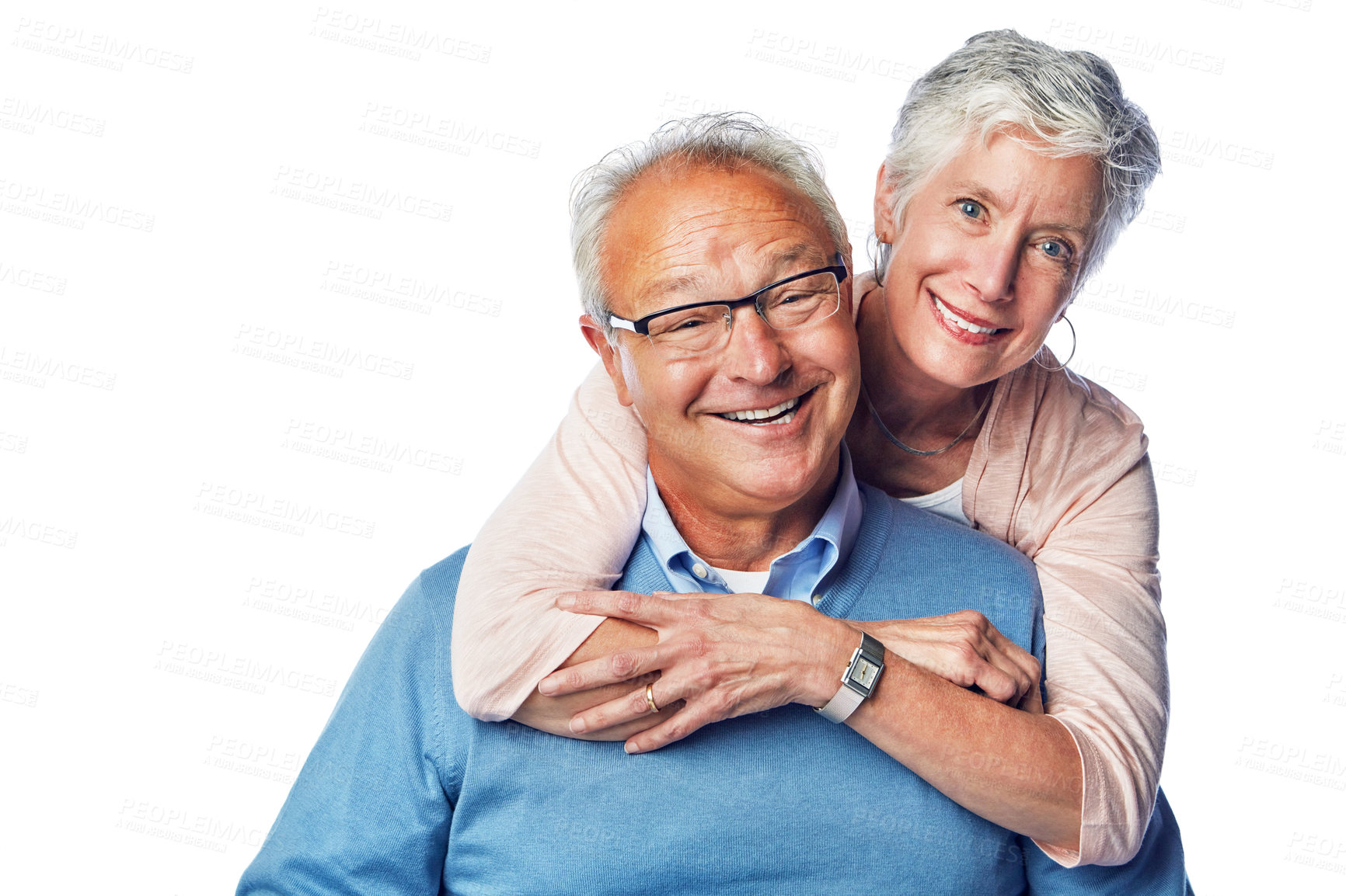 Buy stock photo Portrait, love and senior couple hug in studio, smile and happy together against white background. Relax, face and elderly man with woman embrace, holding and enjoy retirement, bond and isolated