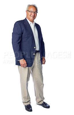 Buy stock photo Businessman, portrait and senior ceo with vision for mission, idea and goal on white background. Elderly, leader and man standing and looking proud of business success or startup, posing and isolated