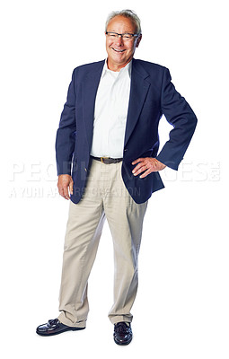 Buy stock photo Proud senior and manager full body portrait smiling with confident, happy and corporate pose. Mature, professional and elderly businessman with smile standing at isolated white background.


