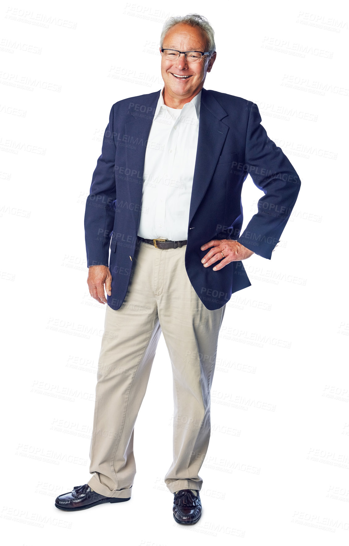 Buy stock photo Proud senior and manager full body portrait smiling with confident, happy and corporate pose. Mature, professional and elderly businessman with smile standing at isolated white background.

