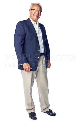 Buy stock photo Portrait, happy and senior businessman in studio for vision, mission and work on white background. Elderly, ceo and man standing and proud of business success or startup, posing and isolated