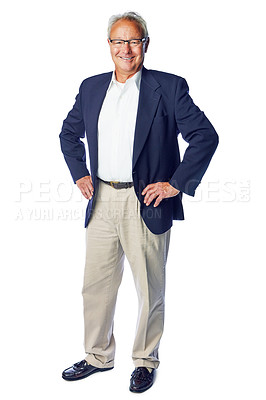 Buy stock photo Senior, corporate and worker full body portrait with confident, proud and happy business pose. Mature, professional and elderly boss man with smile standing at isolated white background.

