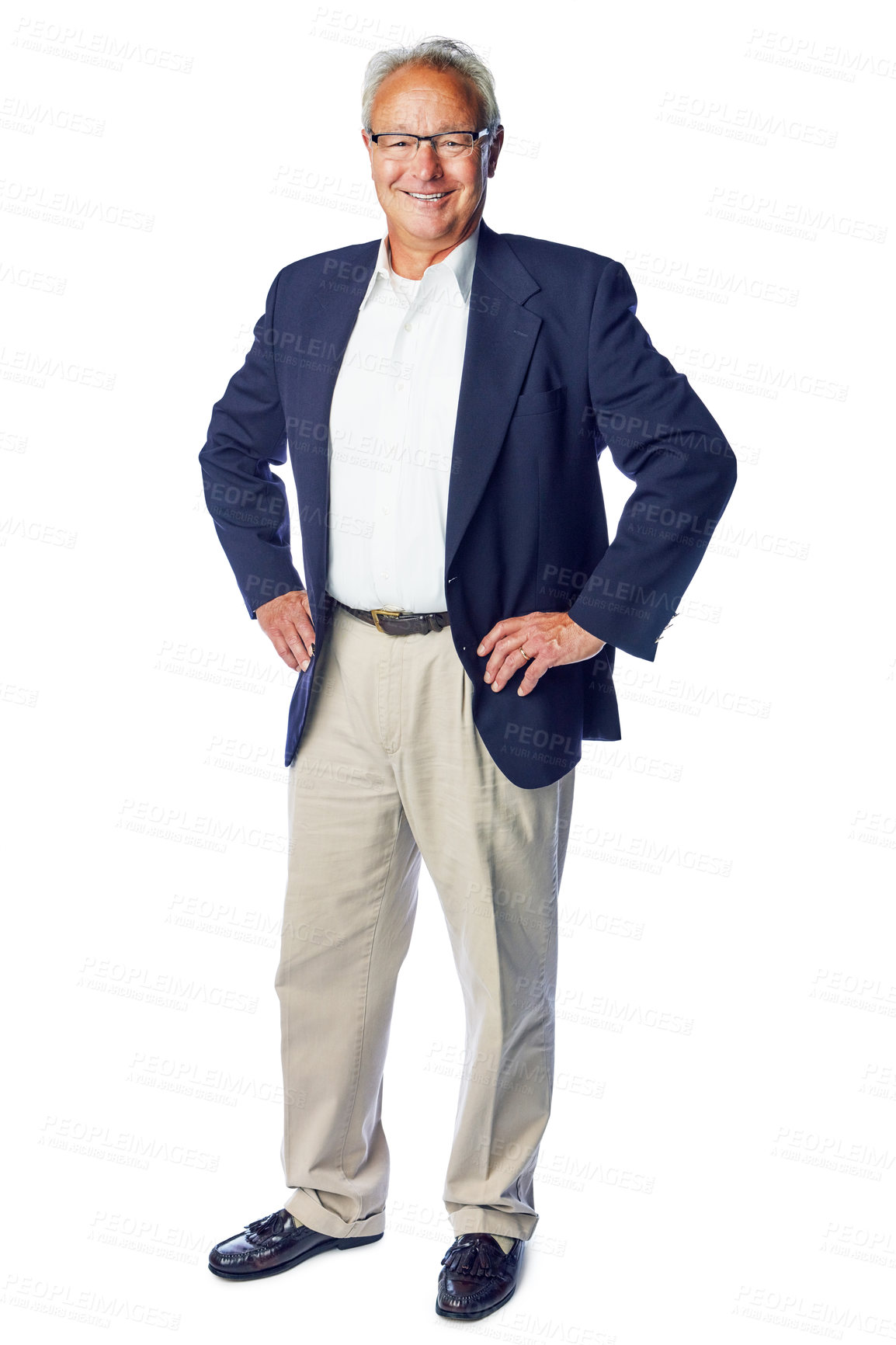 Buy stock photo Senior, corporate and worker full body portrait with confident, proud and happy business pose. Mature, professional and elderly boss man with smile standing at isolated white background.

