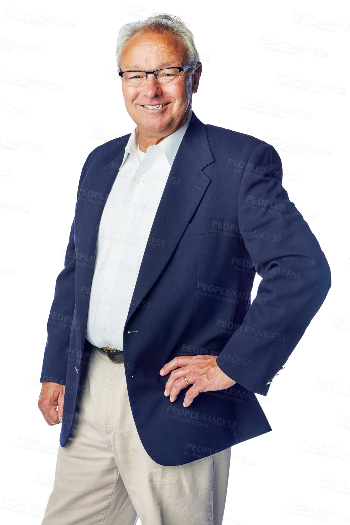Buy stock photo Senior, happy and portrait of ceo man with confident, proud and joyful smile in isolated studio. Corporate, mature and businessman pose with confidence in career mindset on white background.