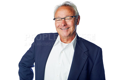 Buy stock photo Success, white background and portrait of senior man for ceo promotion, management and leadership career. Corporate boss, professional and isolated elderly entrepreneur smile with confident attitude