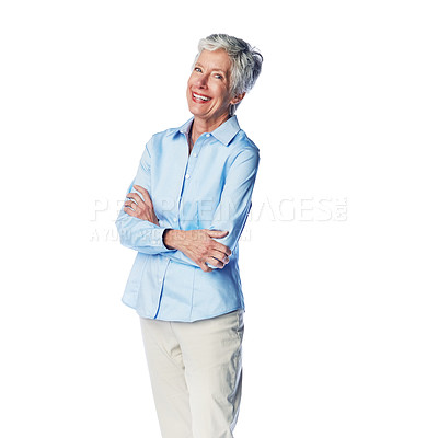 Buy stock photo Senior woman, relax and portrait in studio, smile and happy while posing on a white background. Elderly, model and lady enjoy retirement, proud and satisfied with retired lifestyle while isolated