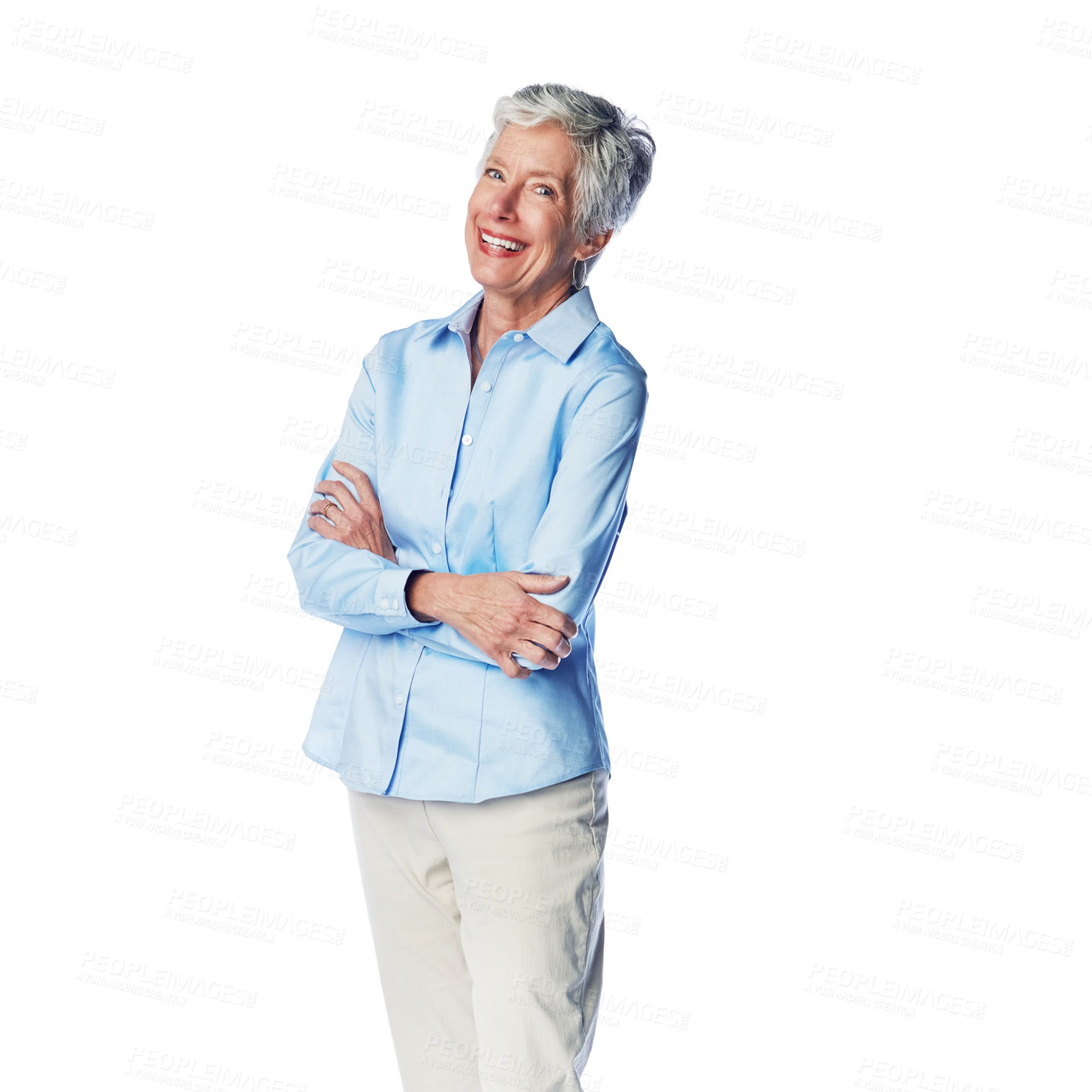 Buy stock photo Senior woman, relax and portrait in studio, smile and happy while posing on a white background. Elderly, model and lady enjoy retirement, proud and satisfied with retired lifestyle while isolated