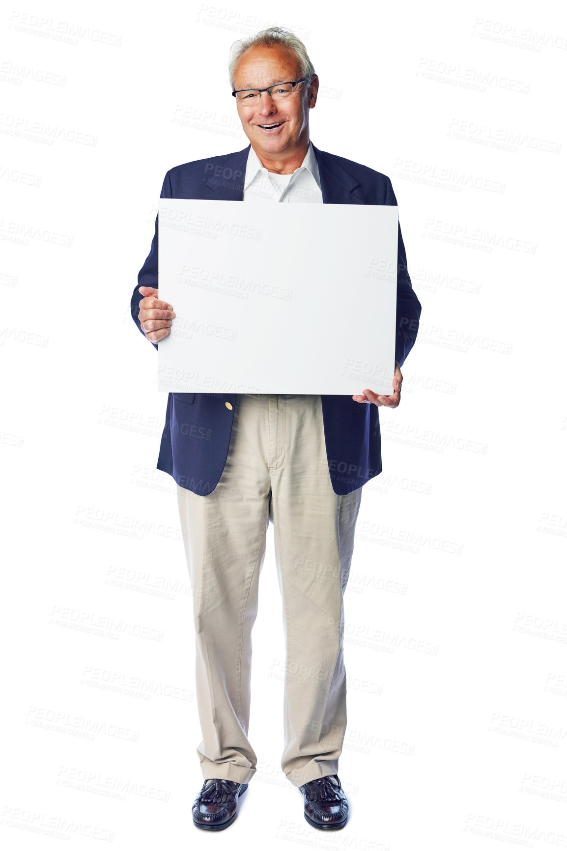 Buy stock photo Poster, portrait mockup and senior man with marketing placard, advertising banner or product placement. Studio mock up, billboard promotion sign and happy sales model isolated on white background