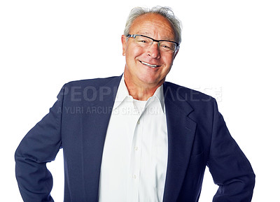 Buy stock photo Happy, senior and portrait of businessman in studio with smile for optimistic career mindset of people. Mature corporate person smiling with confidence and happiness on isolated white background.