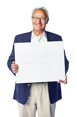 Buy stock photo Poster mockup, portrait and senior business man with marketing placard, advertising banner or product placement. Studio mock up, billboard promo sign or happy sales model isolated on white background