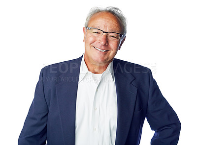Buy stock photo Senior, smile and portrait of a man in retirement feeling happy about work lifestyle. White background, studio and isolated elderly male employee retired and smiling with glasses and happiness