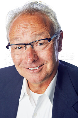 Buy stock photo Senior businessman, studio portrait and smile for success, experience or knowledge by white background. Elderly corporate leader, ceo and isolated for motivation, goals or happy headshot with glasses