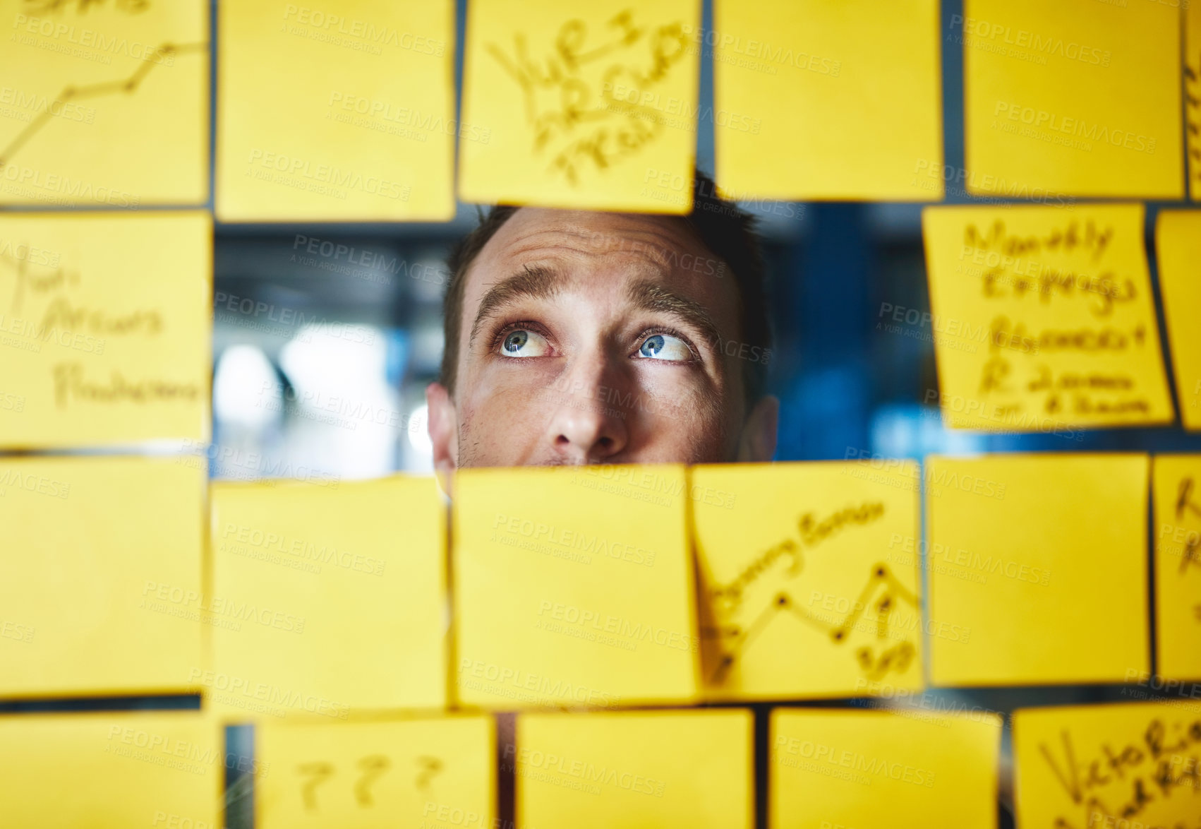 Buy stock photo Business, man and confused with sticky notes at work for problem solving and overwhelmed by tasks. Professional, employee and uncertain for company statistics, budget increase and frown for inflation