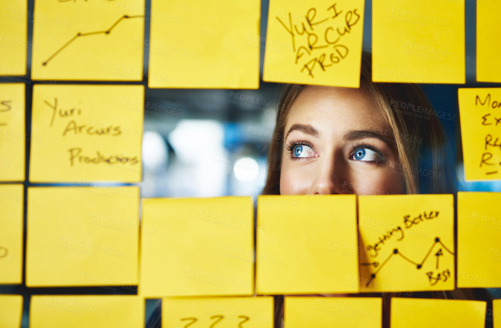 Buy stock photo Thinking, business woman and planning in presentation with sticky notes, contemplating and creativity. Female person, working and decision in web agency, company or office for ideas, budget or vision